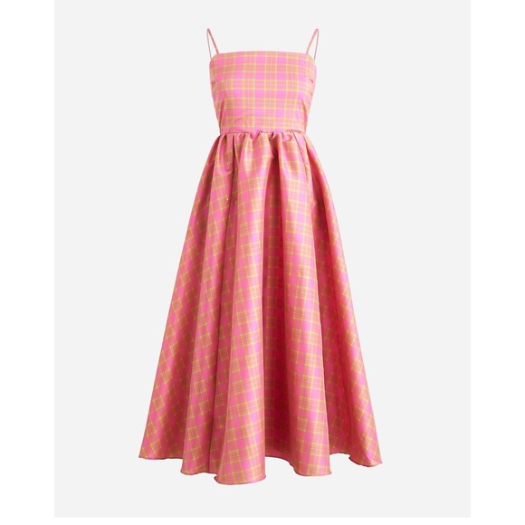 J.Crew NWT Taffeta Dress Pink‎ Plaid Midi Square Neck Backless Sz 8 retail $425